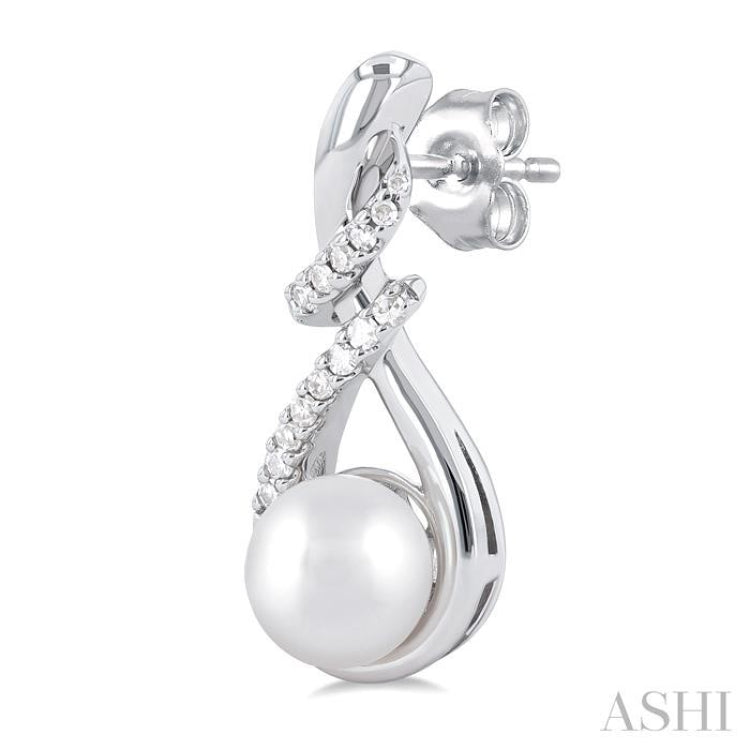 1/6 ctw Swirl Top 6X6 MM Cultured Pearl and Round Cut Diamond Fashion Earring in 10K White Gold