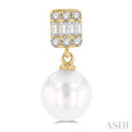 6MM Cultured Pearls and 1/10 ctw Baguette and Single Cut Diamond Earring in 10K Yellow Gold