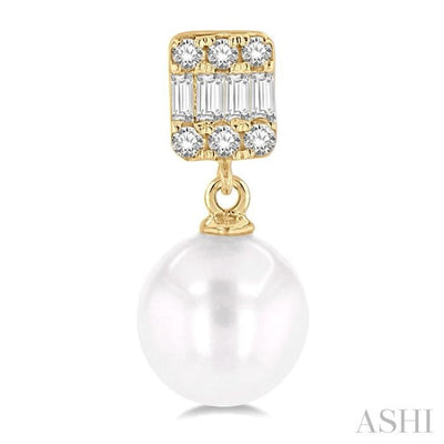 6MM Cultured Pearls and 1/10 ctw Baguette and Single Cut Diamond Earring in 10K Yellow Gold
