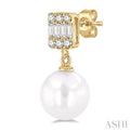 6MM Cultured Pearls and 1/10 ctw Baguette and Single Cut Diamond Earring in 10K Yellow Gold