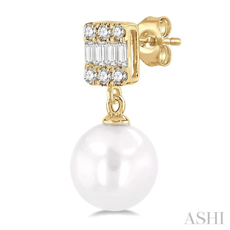 6MM Cultured Pearls and 1/10 ctw Baguette and Single Cut Diamond Earring in 10K Yellow Gold