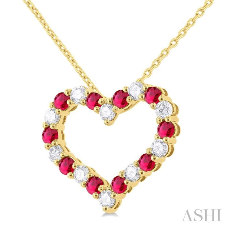 1/2 ctw Open Heart 2.3 MM Round Cut Ruby and Round Cut Diamond Precious  Fashion Pendant With Chain in 14K Yellow Gold
