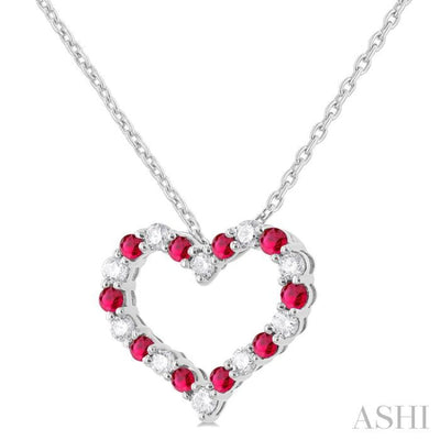 1/4 ctw Open Heart 1.80 MM Round Cut Ruby and Round Cut Diamond Precious  Fashion Pendant With Chain in 14K White Gold
