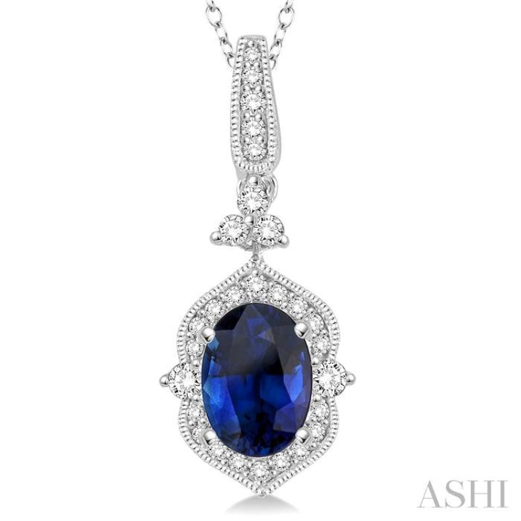 6x4 MM Oval Shape Sapphire and 1/5 Ctw Diamond Pendant in 14K White Gold with Chain