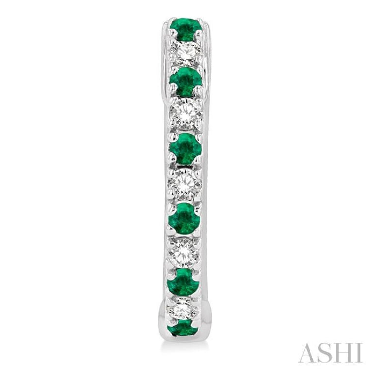 1/10 ctw Petite 1.35MM Emerald and Round Cut Diamond Precious Fashion Huggies in 10K White Gold
