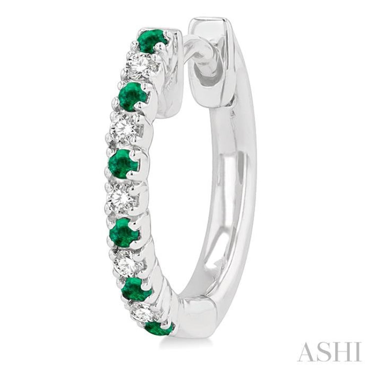 1/10 ctw Petite 1.35MM Emerald and Round Cut Diamond Precious Fashion Huggies in 10K White Gold