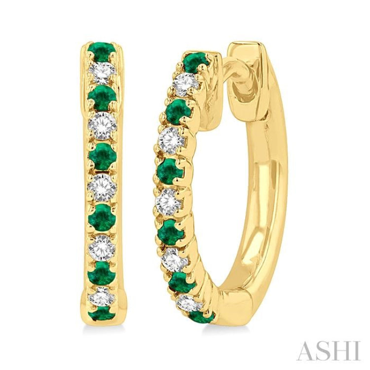 1/10 ctw Petite 1.35MM Emerald and Round Cut Diamond Precious Fashion Huggies in 10K Yellow Gold