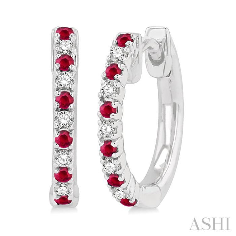 1/10 ctw Petite 1.35MM Ruby and Round Cut Diamond Precious Fashion Huggies in 10K White Gold