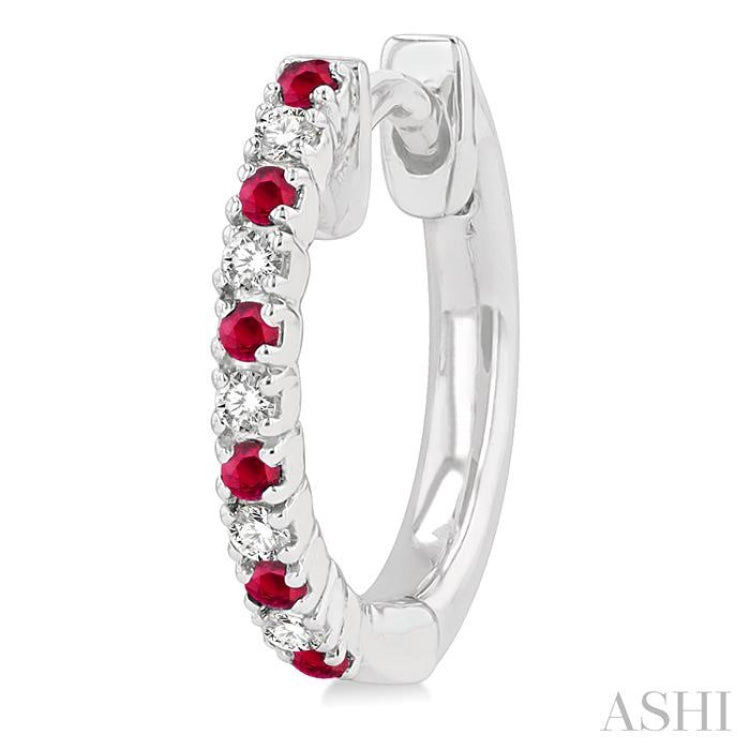 1/10 ctw Petite 1.35MM Ruby and Round Cut Diamond Precious Fashion Huggies in 10K White Gold