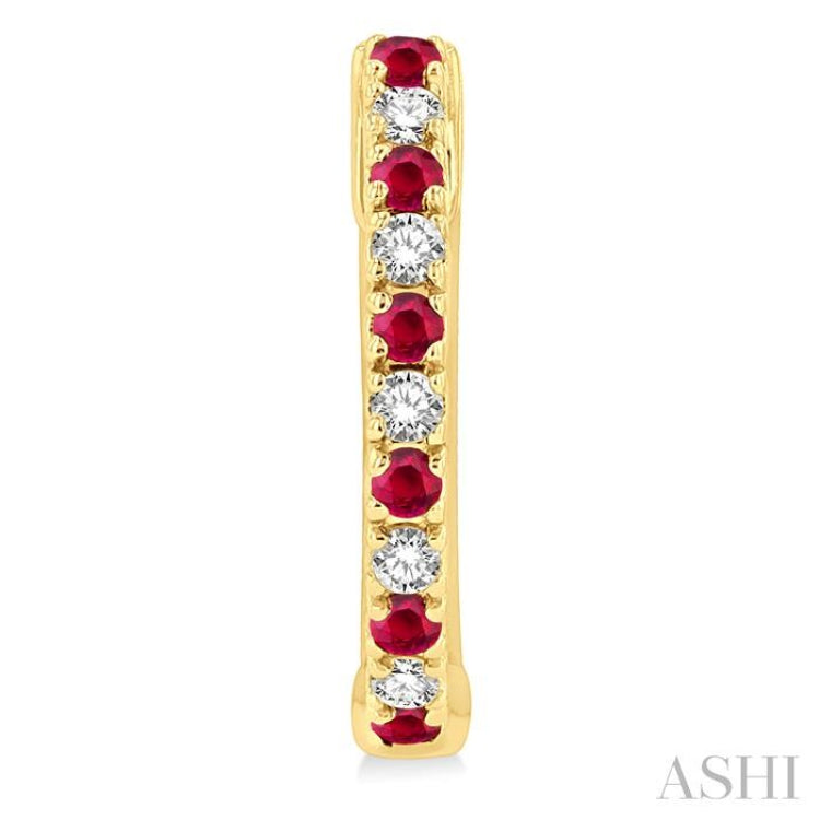1/10 ctw Petite 1.35MM Ruby and Round Cut Diamond Precious Fashion Huggies in 10K Yellow Gold