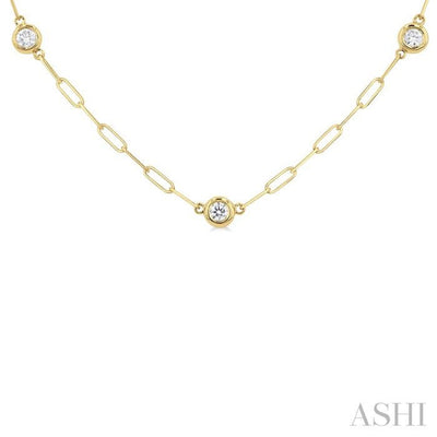 1/2 ctw Bezel Set Round Cut Diamond Paper Clip Station Necklace in 14K Yellow Gold