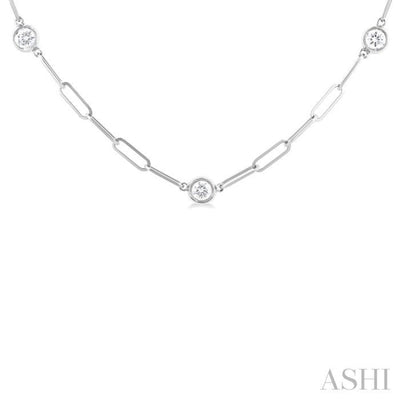 3/4 ctw Bezel Set Round Cut Diamond Paper Clip Station Necklace in 14K White Gold