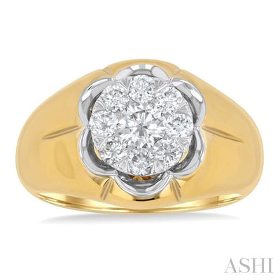 1 ctw Floral Center Lovebright Round Cut Diamond Men's Ring in 14K Yellow and White Gold