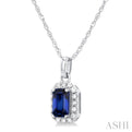 1/20 ctw Round Cut Diamond and 5X3MM Octagonal Shape Sapphire Halo Precious Pendant with Chain in 10K White Gold