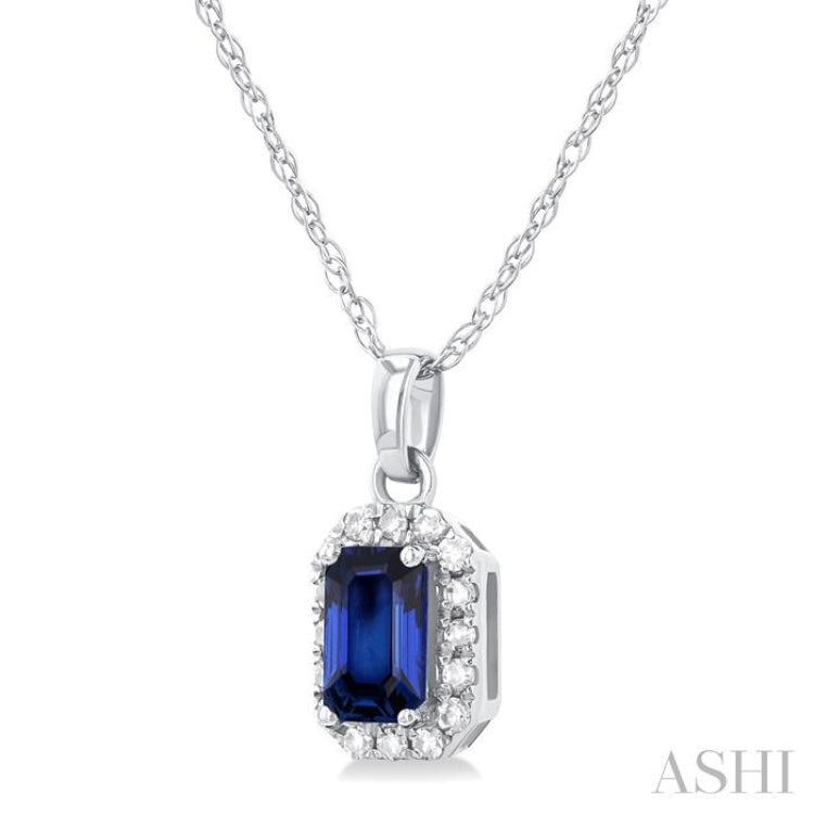 1/20 ctw Round Cut Diamond and 5X3MM Octagonal Shape Sapphire Halo Precious Pendant with Chain in 10K White Gold