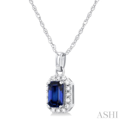 1/20 ctw Round Cut Diamond and 5X3MM Octagonal Shape Sapphire Halo Precious Pendant with Chain in 10K White Gold
