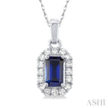 1/20 ctw Round Cut Diamond and 5X3MM Octagonal Shape Sapphire Halo Precious Pendant with Chain in 10K White Gold