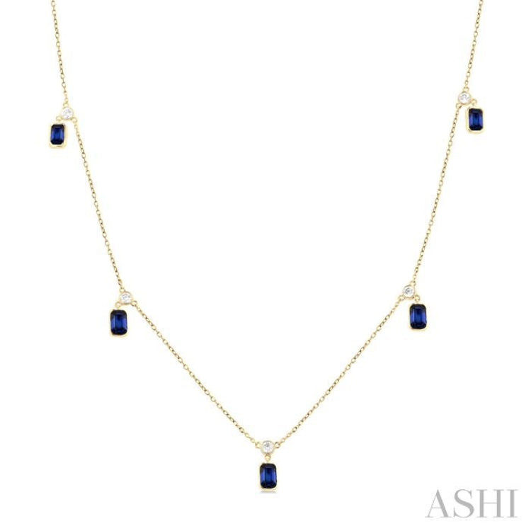 1/4 ctw Round Cut Diamonds and 5X3MM Octagonal Shape Sapphire Precious Station Necklace in 14K Yellow Gold