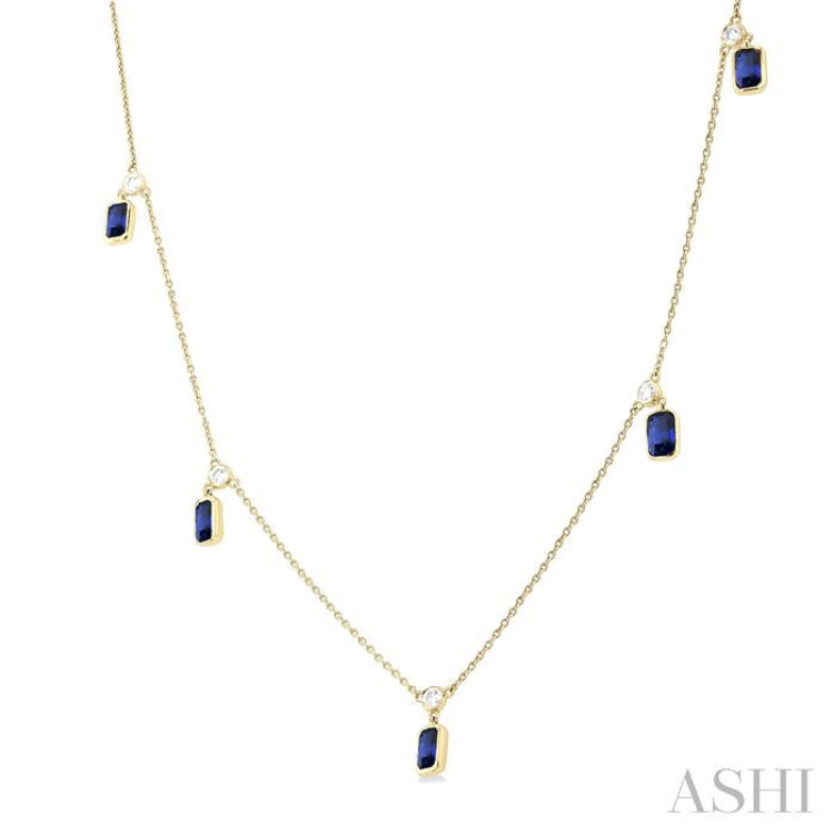 1/4 ctw Round Cut Diamonds and 5X3MM Octagonal Shape Sapphire Precious Station Necklace in 14K Yellow Gold