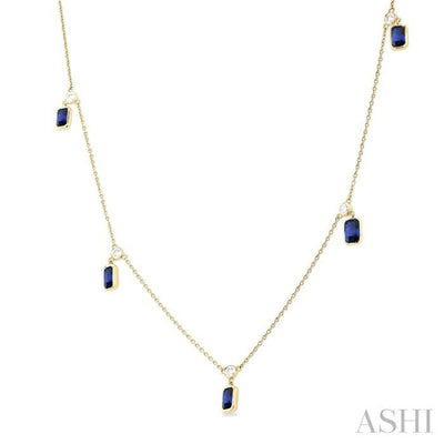 1/4 ctw Round Cut Diamonds and 5X3MM Octagonal Shape Sapphire Precious Station Necklace in 14K Yellow Gold