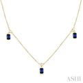 1/4 ctw Round Cut Diamonds and 5X3MM Octagonal Shape Sapphire Precious Station Necklace in 14K Yellow Gold
