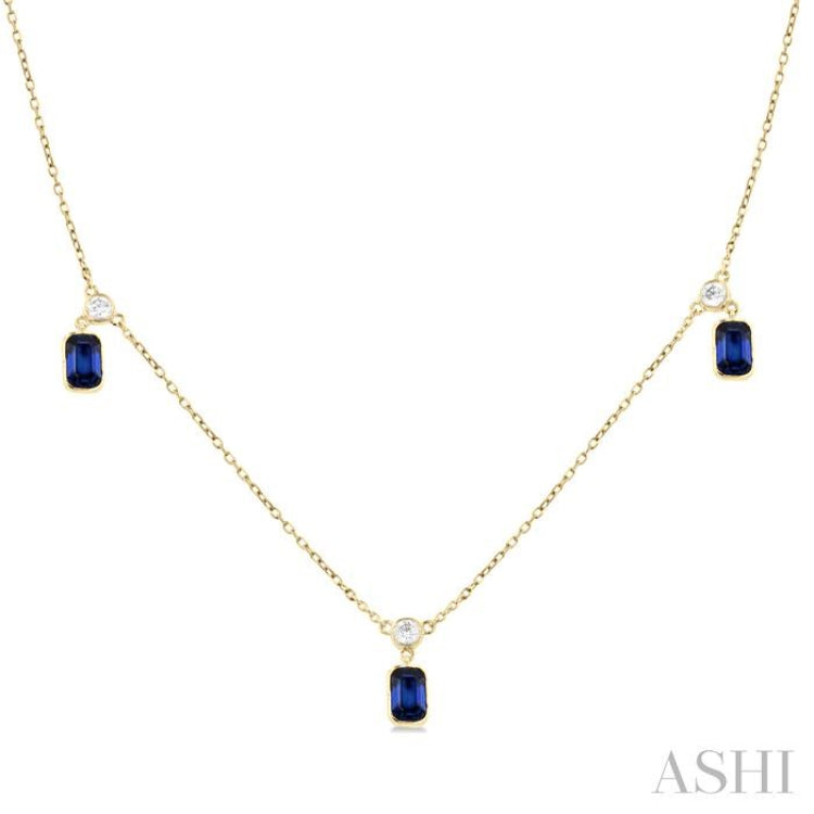 1/4 ctw Round Cut Diamonds and 5X3MM Octagonal Shape Sapphire Precious Station Necklace in 14K Yellow Gold