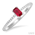 1/10 ctw Petite 5x3 MM Emerald Cut Ruby and Round Cut Diamond Precious Fashion Ring in 10K White Gold