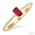 1/10 ctw Petite 5x3 MM Emerald Cut Ruby and Round Cut Diamond Precious Fashion Ring in 10K Yellow Gold