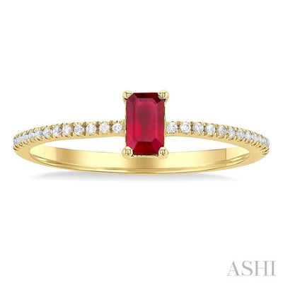1/10 ctw Petite 5x3 MM Emerald Cut Ruby and Round Cut Diamond Precious Fashion Ring in 10K Yellow Gold