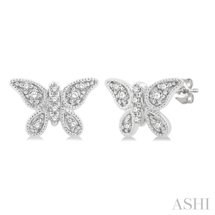 1/10 ctw Petite Milgrain Butterfly Round Cut Diamond Fashion Stud Earring in 10K White Gold
