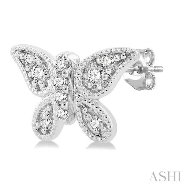 1/10 ctw Petite Milgrain Butterfly Round Cut Diamond Fashion Stud Earring in 10K White Gold