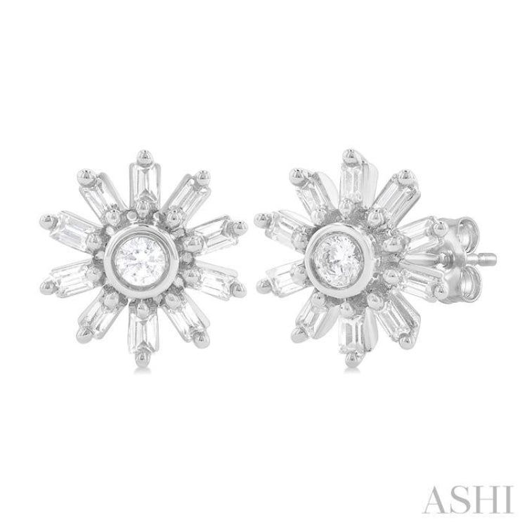 1/4 ctw Petite Wheel Baguette and Round Cut Diamond Fashion Stud Earring in 10K White Gold