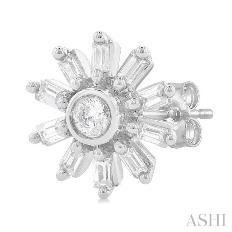 1/4 ctw Petite Wheel Baguette and Round Cut Diamond Fashion Stud Earring in 10K White Gold