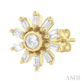 1/4 ctw Petite Wheel Baguette and Round Cut Diamond Fashion Stud Earring in 10K Yellow Gold