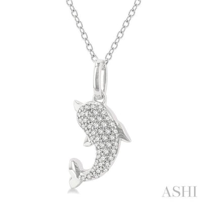 1/6 ctw Petite Sealife Dolphin Round Cut Diamond Fashion Pendant With Chain in 10K White Gold