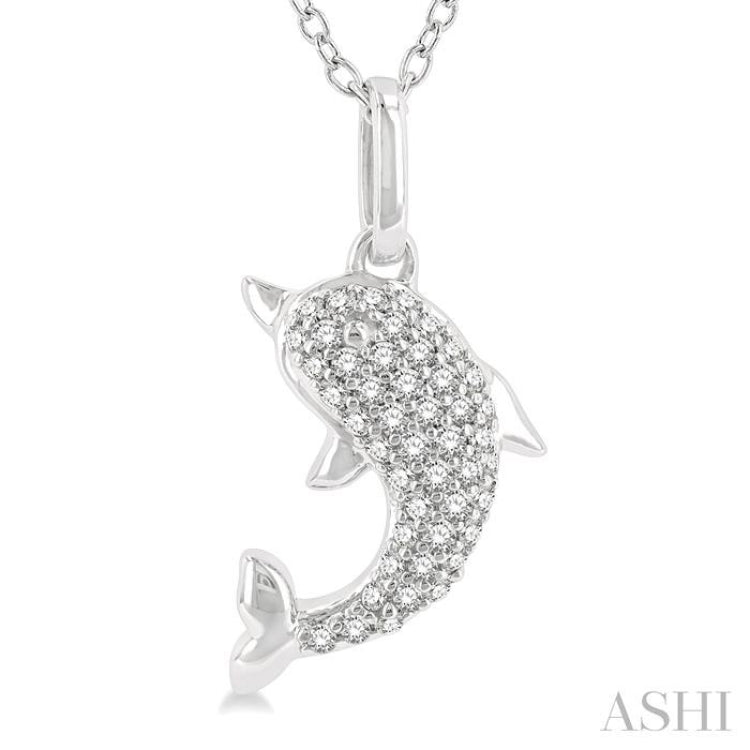 1/6 ctw Petite Sealife Dolphin Round Cut Diamond Fashion Pendant With Chain in 10K White Gold