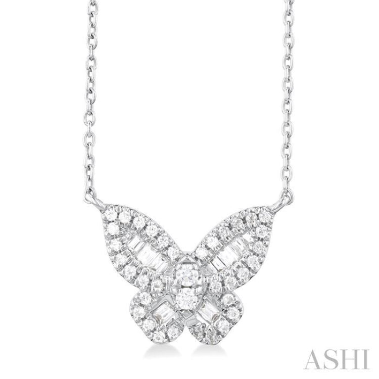 1/3 ctw Petite Butterfly Baguette and Round Cut Diamond Fashion Pendant With Chain in 10K White Gold