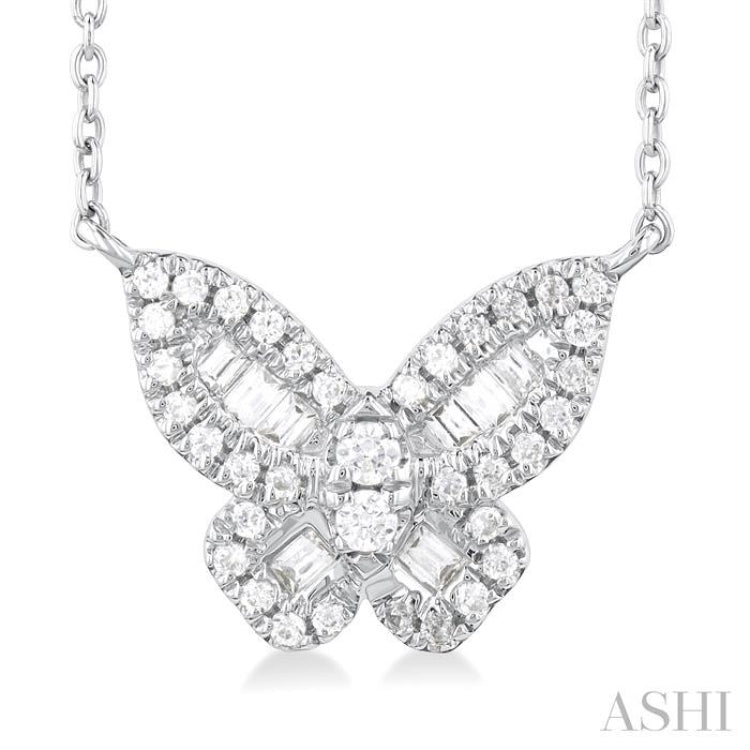 1/3 ctw Petite Butterfly Baguette and Round Cut Diamond Fashion Pendant With Chain in 10K White Gold