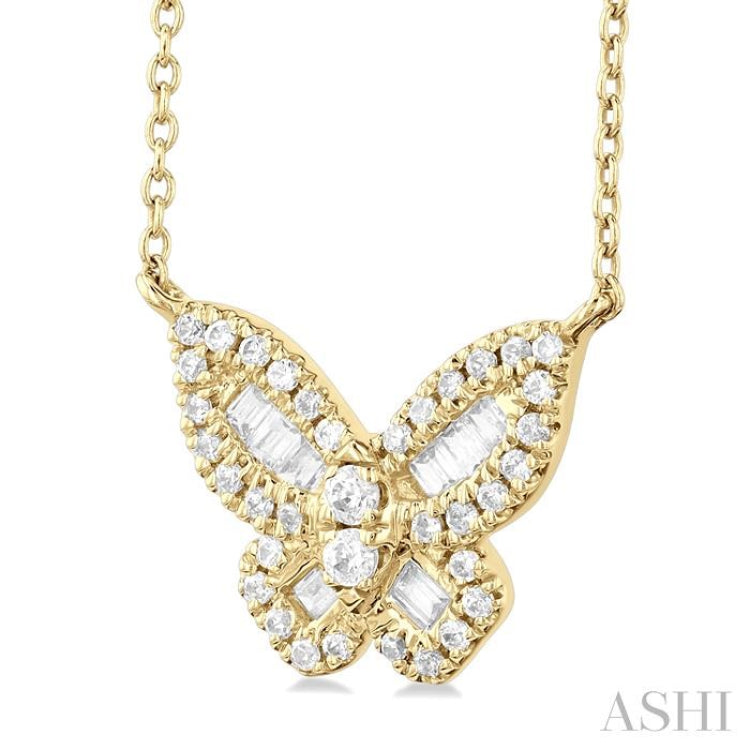 1/3 ctw Petite Butterfly Baguette and Round Cut Diamond Fashion Pendant With Chain in 10K Yellow Gold