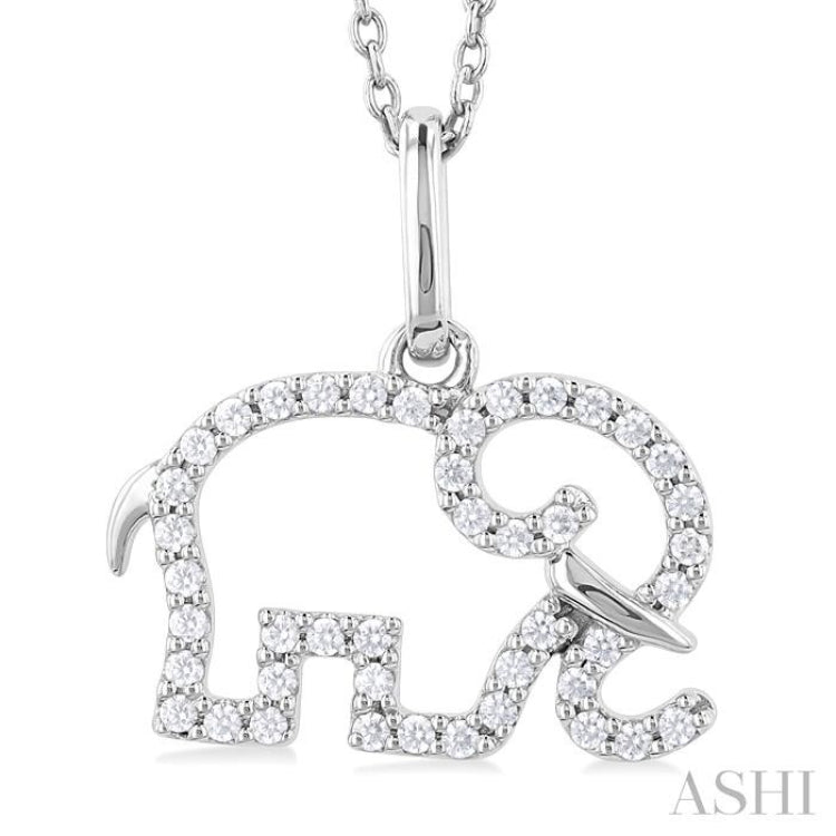 1/6 ctw Petite Tusked Elephant Frame Round Cut Diamond Fashion Pendant With Chain in 10K White Gold
