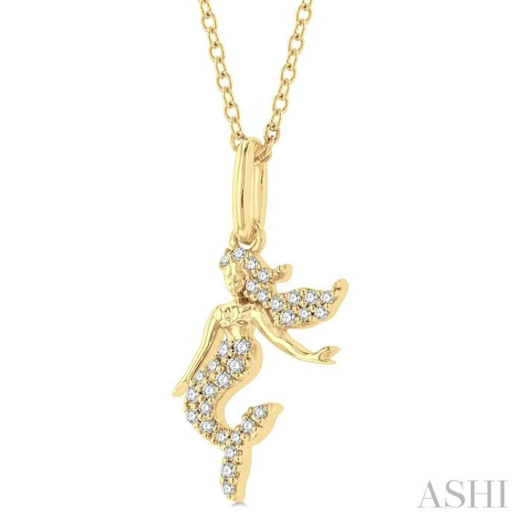 1/8 ctw Petite Sealife Mermaid Round Cut Diamond Fashion Pendant With Chain in 10K Yellow Gold