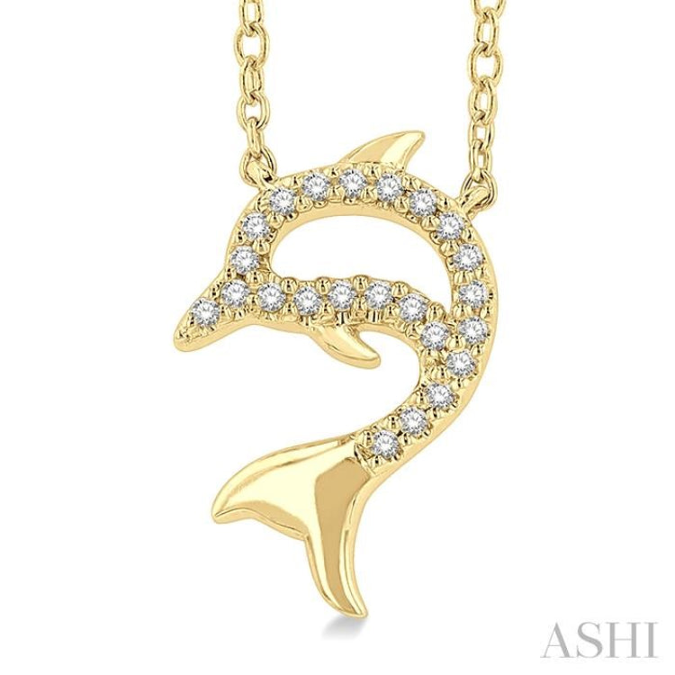 1/20 ctw Petite Sealife Dolphin Round Cut Diamond Fashion Pendant With Chain in 10K Yellow Gold