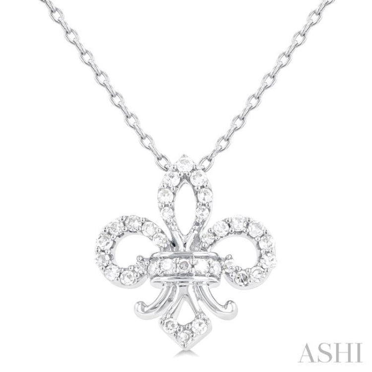 1/6 ctw Petite Fleur De Lis Round Cut Diamond Fashion Pendant With Chain in 10K White Gold