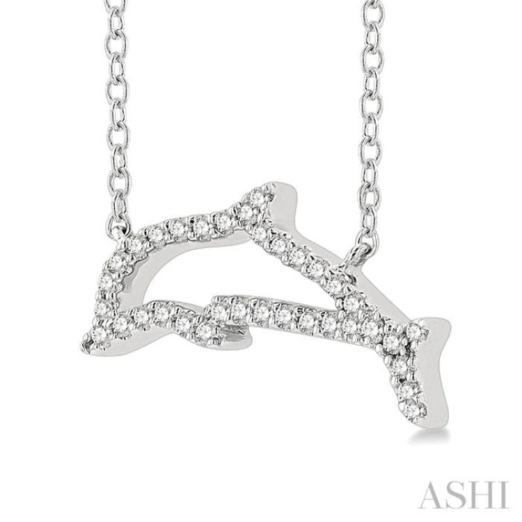 1/10 ctw Sealife Petite Dolphin Round Cut Diamond Fashion Pendant With Chain in 10K White Gold