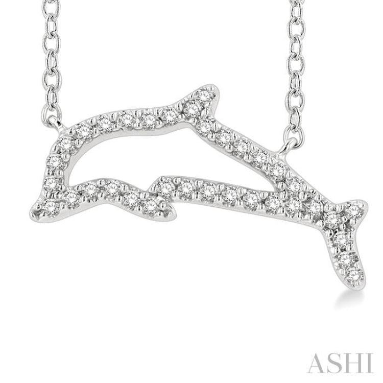 1/10 ctw Sealife Petite Dolphin Round Cut Diamond Fashion Pendant With Chain in 10K White Gold