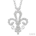 1/6 ctw Petite Carved Fleur De Lis Round Cut Diamond Fashion Pendant With Chain in 10K White Gold