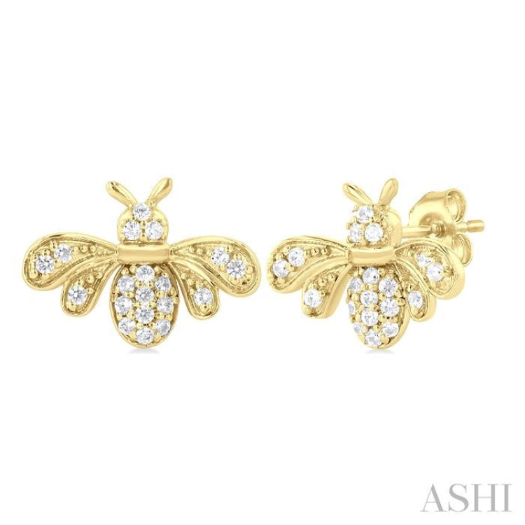 1/8 ctw Petite Bumble Bee Round Cut Diamond Fashion Stud Earring in 10K Yellow Gold