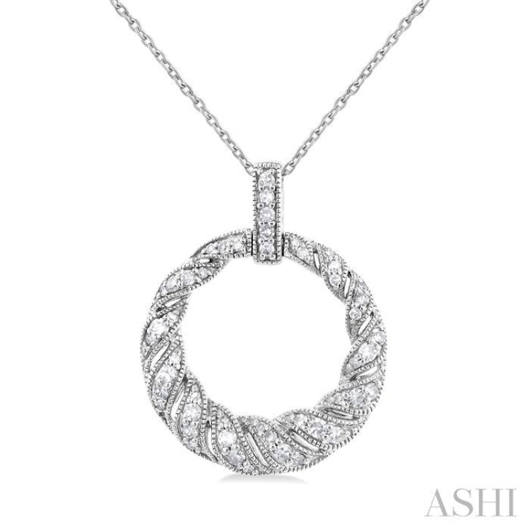 1/3 Ctw Art Deco Circle Round Cut Diamond Fashion Pendant With Chain in 10K White Gold