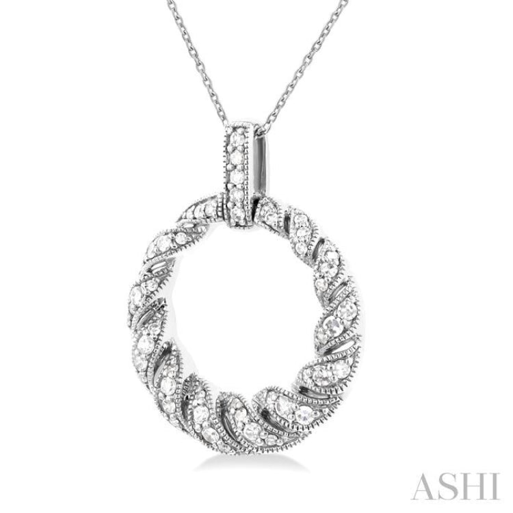 1/3 Ctw Art Deco Circle Round Cut Diamond Fashion Pendant With Chain in 10K White Gold