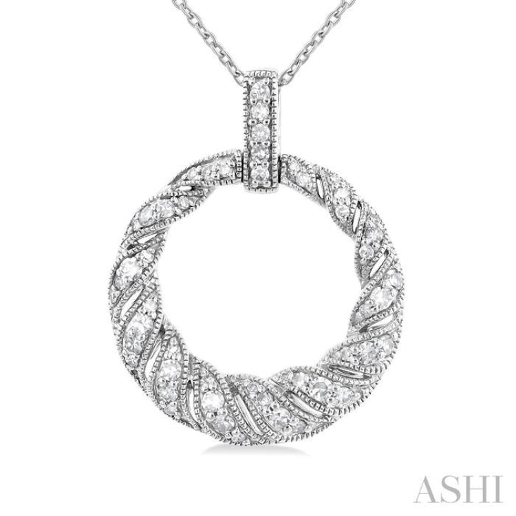 1/3 Ctw Art Deco Circle Round Cut Diamond Fashion Pendant With Chain in 10K White Gold